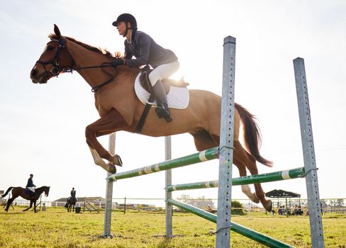 Horses lend us the wings we lack. a young rider jumping over a hurdle on her horse.