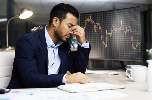 Businessman with depression analysing the stock market and trading during a financial crisis. Stressed trader in a bear market, looking at stocks crashing. Market crash and economy failure