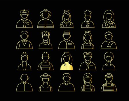 Gold profession icons isolate on black background