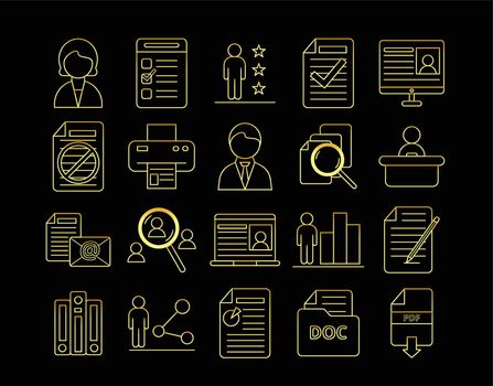 Set of gold resume reseach icons
