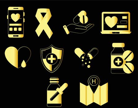Gold medicine icons isolated on black background