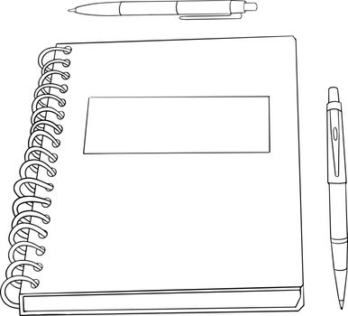 Notebook, pens. Vector illustration about back to school. Coloring page with school supplies.