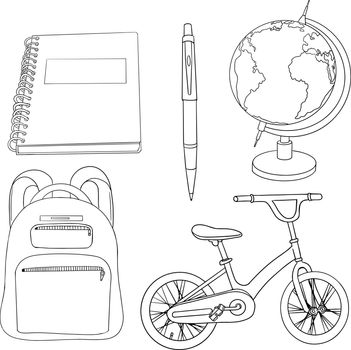 Globe, notebook, pens, backpack, bicycle. Vector illustration about back to school. Coloring page with school supplies.