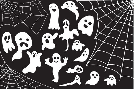 Bat, web and ghosts. Halloween background.