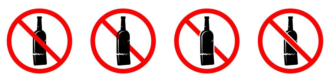 Alcohol is forbidden. Glass bottle icons set. Stop alcohol icon. Vector illustration.