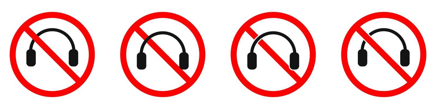 Headphones are forbidden. Stop headphones icon set. No headphones sign