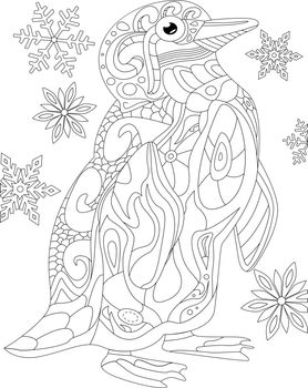 Coloring Book Page With Walking Penguin With Snowflakes In Background. Sheet To Be Colored With One Happy Seabird Going Forward. Coldwater Bird With Snow In Back.