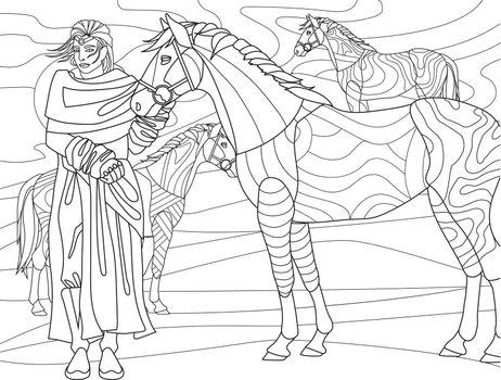 Coloring Book Page With Man Surrounded With Three Horses In Desert. Sheet To Be Colored With Male Person With Animals Around. Boy With Jewel On Forehead.