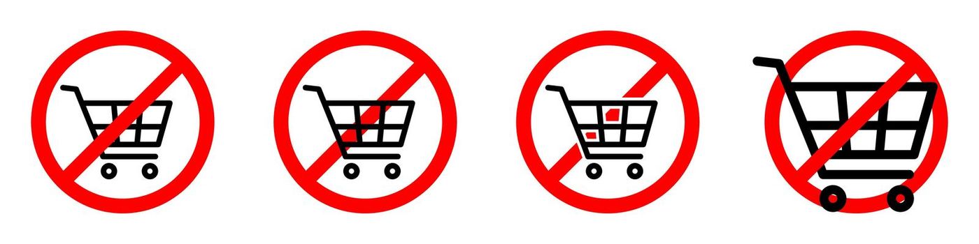 Shopping cart ban icon. Shopping cart is prohibited. No shopping cart icon.