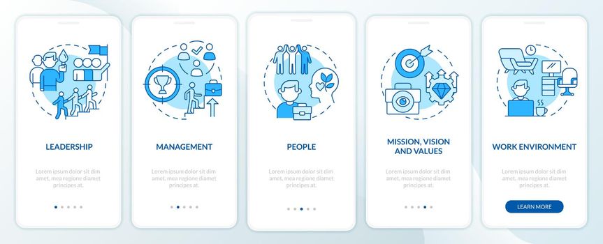 Factors that affect workplace culture blue onboarding mobile app screen