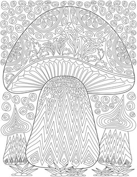 Coloring Book Page With Big Detailed Mushroom And Little Ones Around. Sheet To Be Colored With Huge Fungus And Two Small By Side. Champignon On Ground.