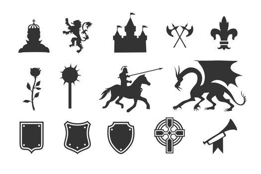 Heraldic symbols and elements. Medieval clip art silhouettes
