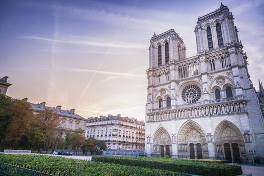 Notre Dame Cathedral of Paris and street lights at dramatic dawn, France