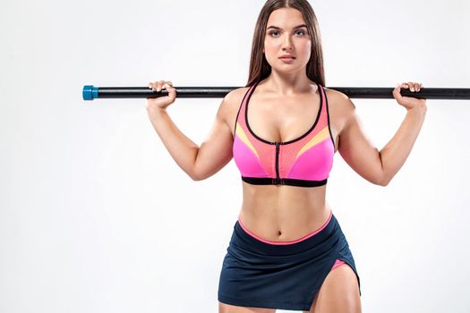 Size plus fitness sports woman, athlete with strong fit body with body bar on white background.