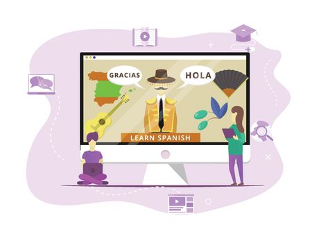 Two people learn spanish online flat design