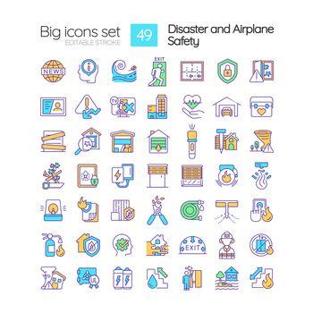 Disaster and airplane safety RGB color icons set