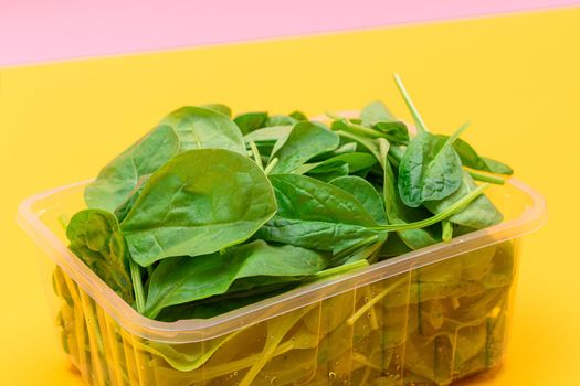 Fresh Baby Spinach Leaves in Transparent Plastic Package on Yellow Background