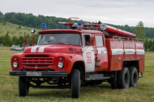Fire truck color red, Bashkortostan, Russia - 19 June, 2022.