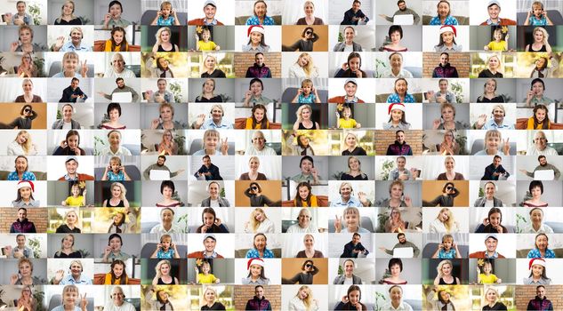 Many smiling multiethnic people faces headshots collage mosaic. Lot of young and old adult diverse ethnicity professional people group looking at camera. Horizontal banner for website header design