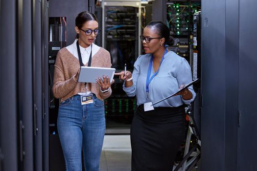 Lets check the connectivity. two attractive young female computer programmers working together in a server room.