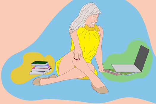 girl with laptop sitting. Freelance or studying concept