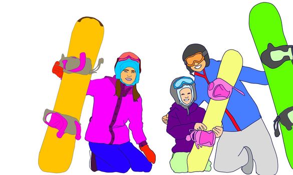 Snow Resort Enjoying And Skiing Family. Father, Mother And Son Child With Snowboard Resting At Snow Resort. Characters Sport Activity On Snowy Mountain Cartoon Illustration