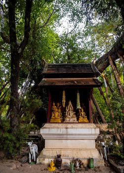 Buddha statue in the ancient shrine under the shade of a big tree
