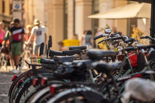 Rovigo, Italy 29 july 2022: Bicycles bike sharing detail