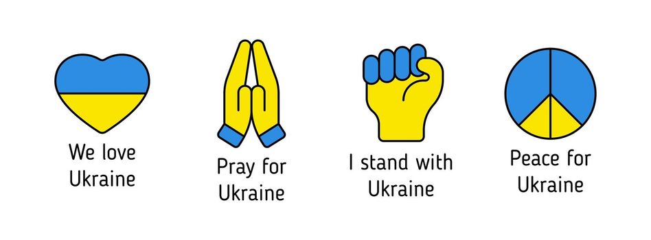 i stand with Ukraine blue and yellow outline filled icons with letterings. pray for Ukraine. peace for Ukraine. stop war in Ukraine