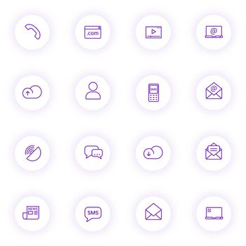 communication purple color vector icons on light round buttons with purple shadow. communication icon set for web, mobile apps, ui design and print