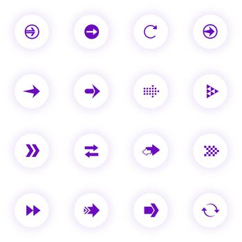 arrows purple color vector icons on light round buttons with purple shadow. arrows icon set for web, mobile apps, ui design and print