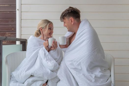 Happy blanket couple guy drink girl cute married forest nature, for two romantic for happiness for lifestyle cozy, bedroom affection. Closeness wife weekend,