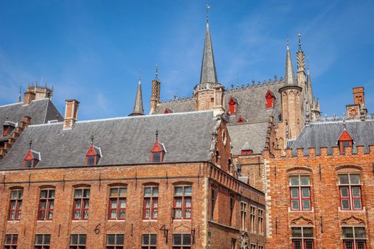 Bruges towers, flemish architecture building facades, Belgium