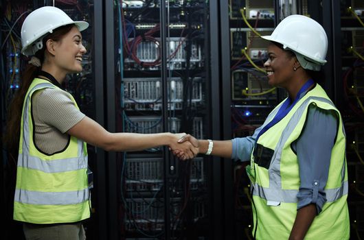 Well done. two attractive female programmers shaking hands in a server room.