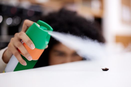 This is a bug free zone. a young woman spraying an insect on a counter at home.