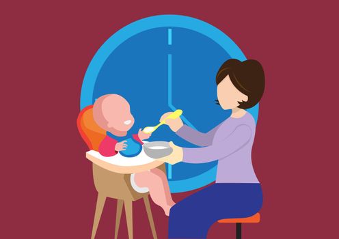 mother feeds her little son with spoon baby sitting in high eating chair child feeding childcare concept modern kitchen interior horizontal full length flat