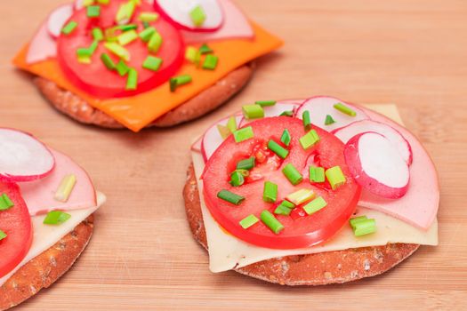 Crispy Cracker Sandwiches with Tomato, Sausage, Cheese, Green Onions and Radish
