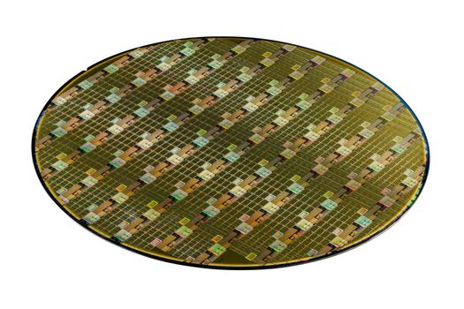 Silicon wafer with microchips used in electronics for the fabrication of integrated circuits. Whole circle isolated on white background.