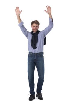 Young business man with raised arms