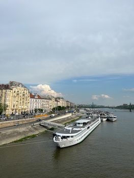 Large tourist ferry at the pier. Budapest, Hungary