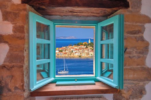 Town of Primosten view through Mediterranean window