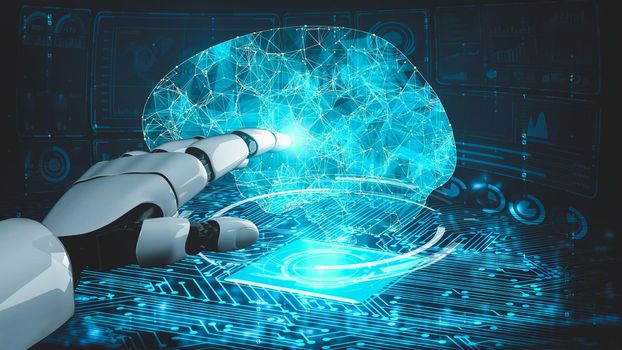 Futuristic robot artificial intelligence enlightening AI technology concept