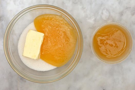 Sugar honey and butter as ingredients of cake medovik
