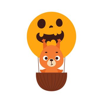 Cute little squirrel flying on Halloween hot air balloon. Cartoon animal character for kids t-shirts, nursery decoration, baby shower, greeting card, invitation. Vector stock illustration