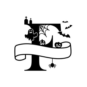 Cute Halloween letter F split monogram. Cartoon ghost, pumpkin, bat for kids t-shirt, nursery decoration, baby shower, greeting card, invitation, scrapbooking, home decor. Vector stock illustration