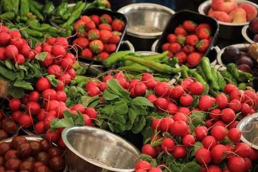 Fresh red radish on a market stall