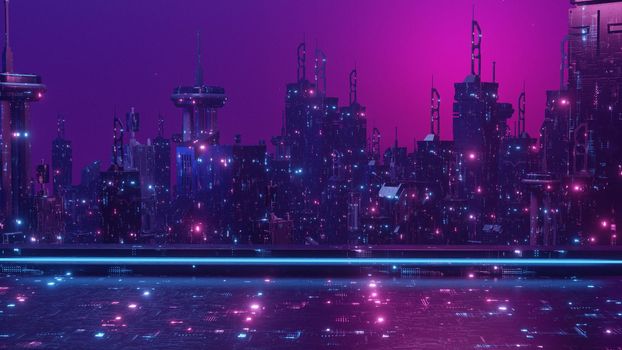 Technology futuristic cyberpunk cityscape of urban area, 3d render