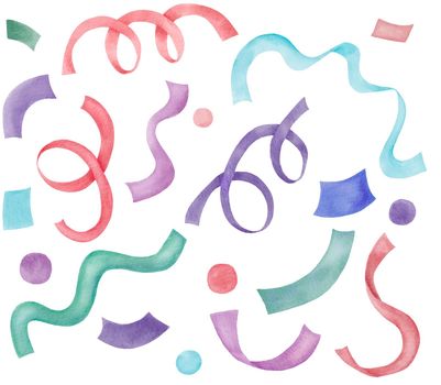 Colorful multicolored collection of confetti and party ribbons. Hand drawn drawing isolated on white background