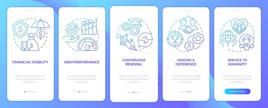 Organizational culture features blue gradient onboarding mobile app screen