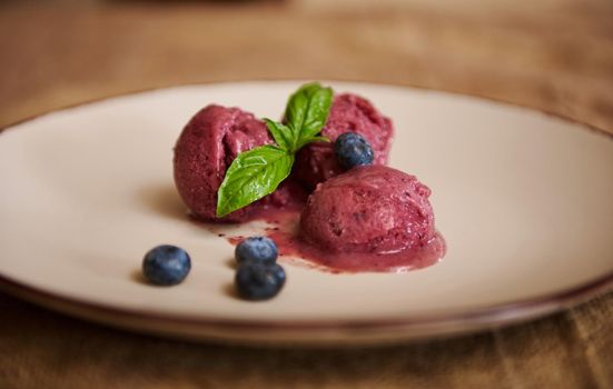 Blueberry sorbet purple ice-cream with lemon basil leaves. Raw vegan dairy free and gluten free dessert. Healthy Eating